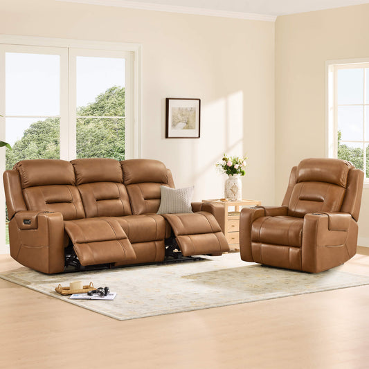 Brown leather reclining sofa and matching single chair in a bright man cave room.