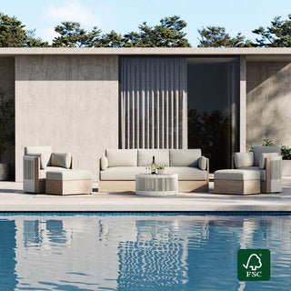 Hero image showing a summer party layout concept with outdoor seating arranged for conversation around a central focal point.