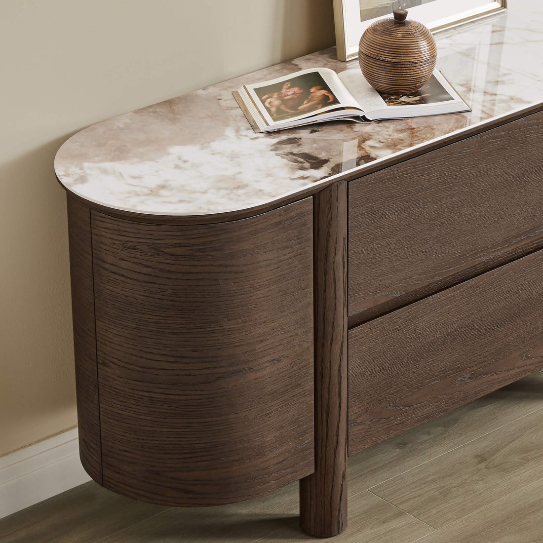 63" Barry Mid-Century Sideboard with Sintered Stone Top - 63" Barry Mid-Century sideboard: curved oak wood grain door, marbled sintered stone top.