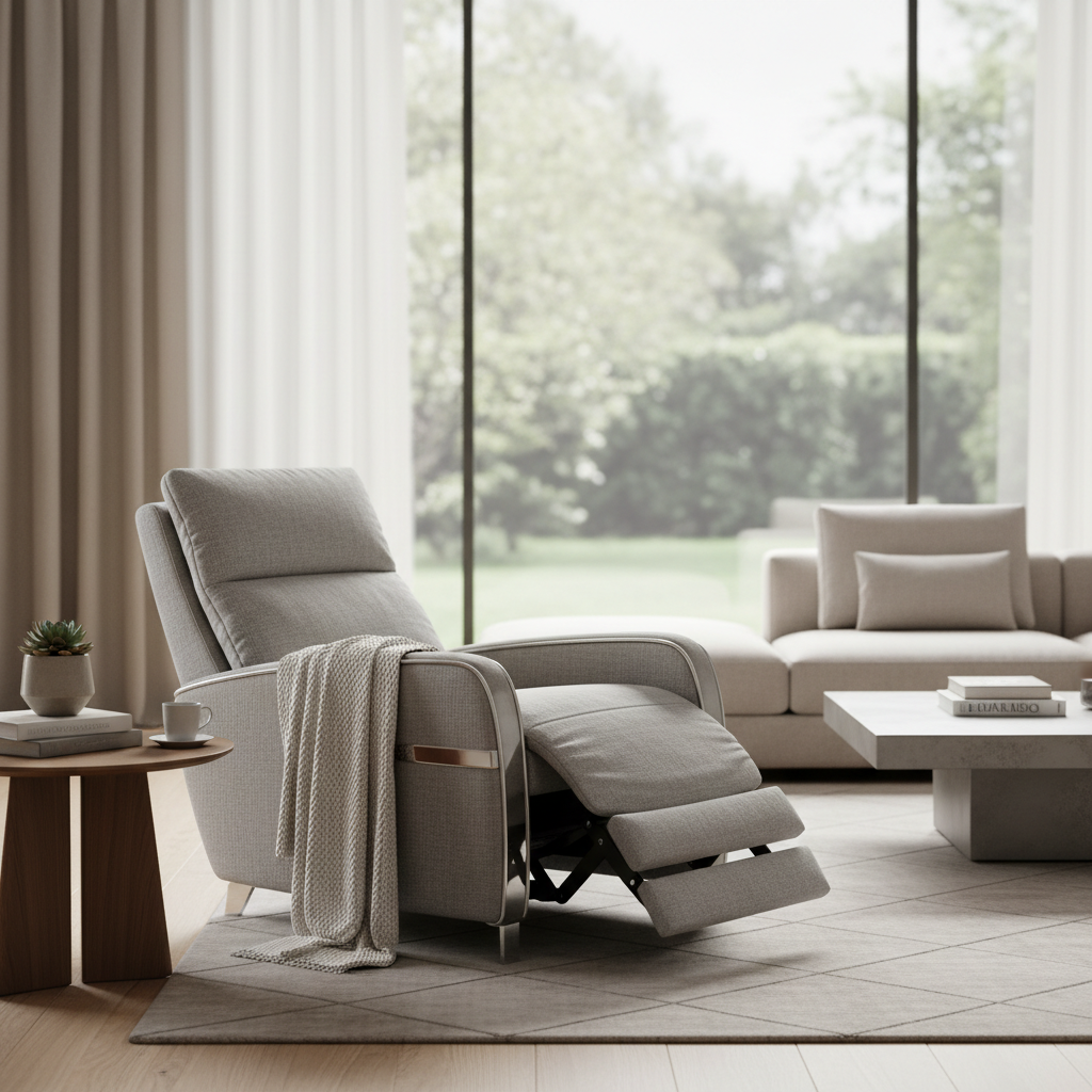 A stylish modern living room with a neutral-toned zero gravity power recliner as a wellness-focused centerpiece.