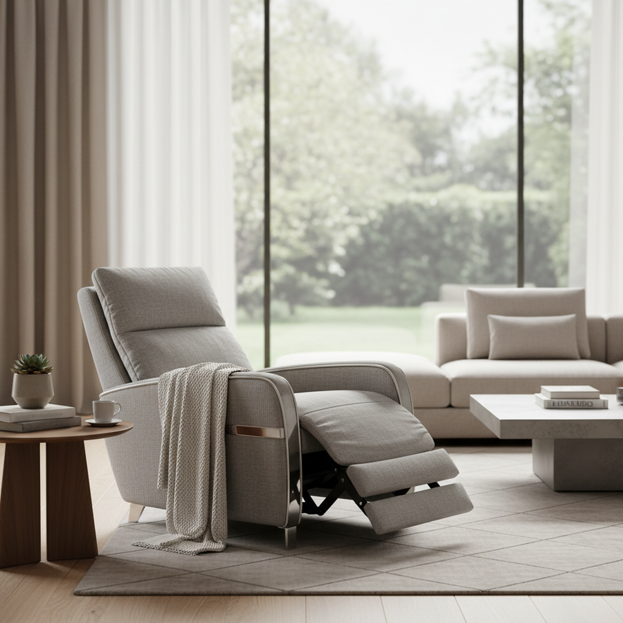 A stylish modern living room with a neutral-toned zero gravity power recliner as a wellness-focused centerpiece.