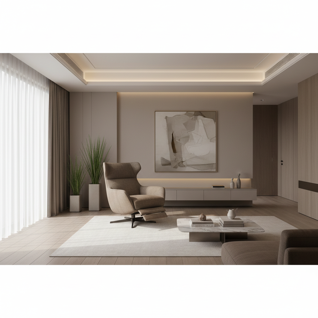 A stylish modern living room featuring a sleek power recliner that resembles a designer armchair, with minimalist decor and neutral tones.