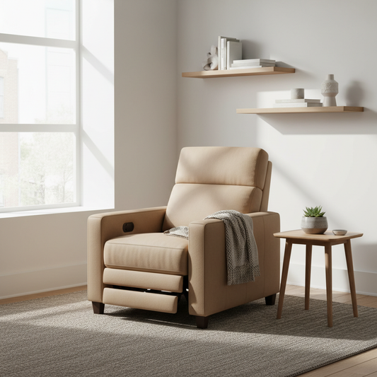 A cozy apartment living room with a compact modern power recliner in neutral tones and natural light.