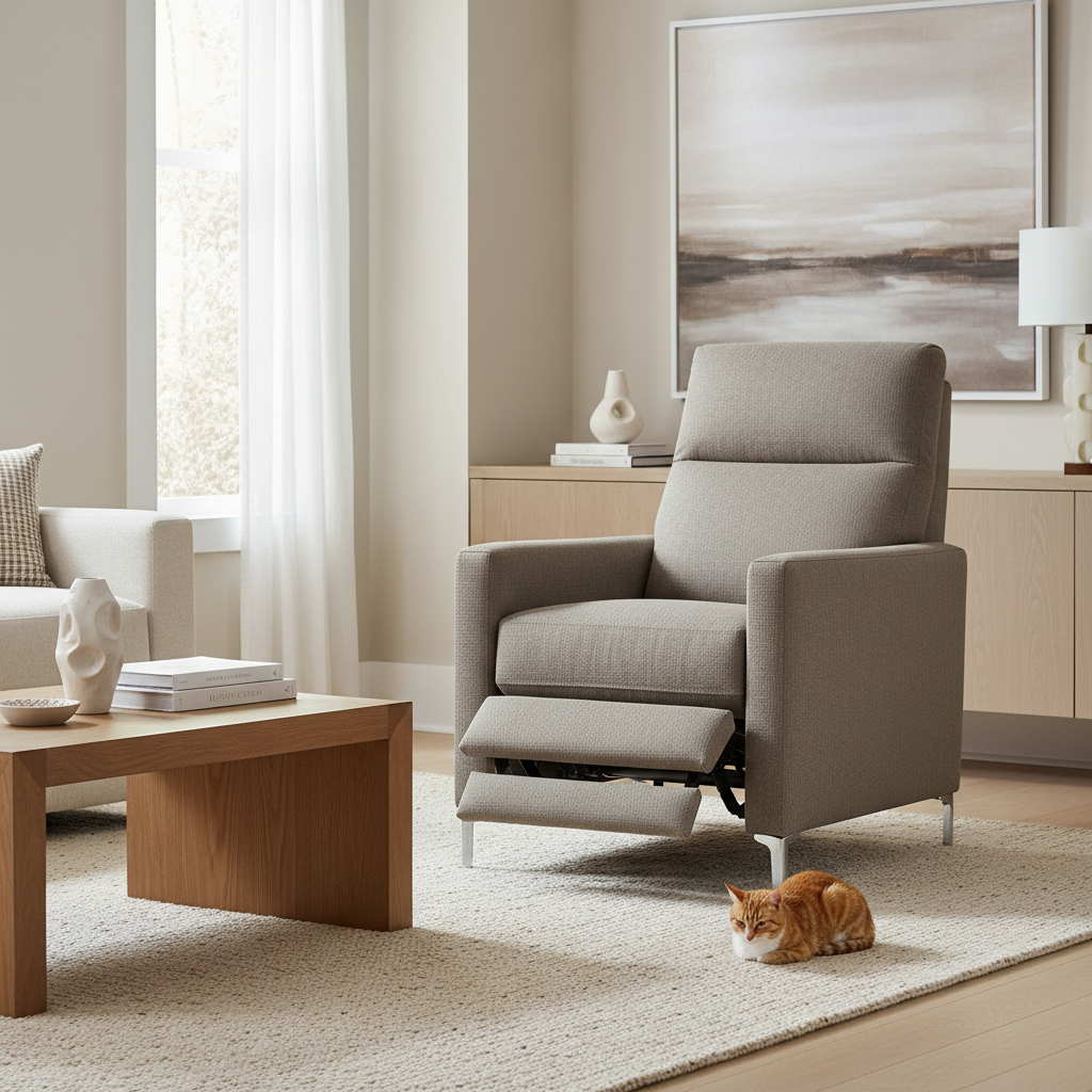 A luxury modern power recliner in a stylish neutral living room with a nearby cat, highlighting elegant fabric and a high-end feel.