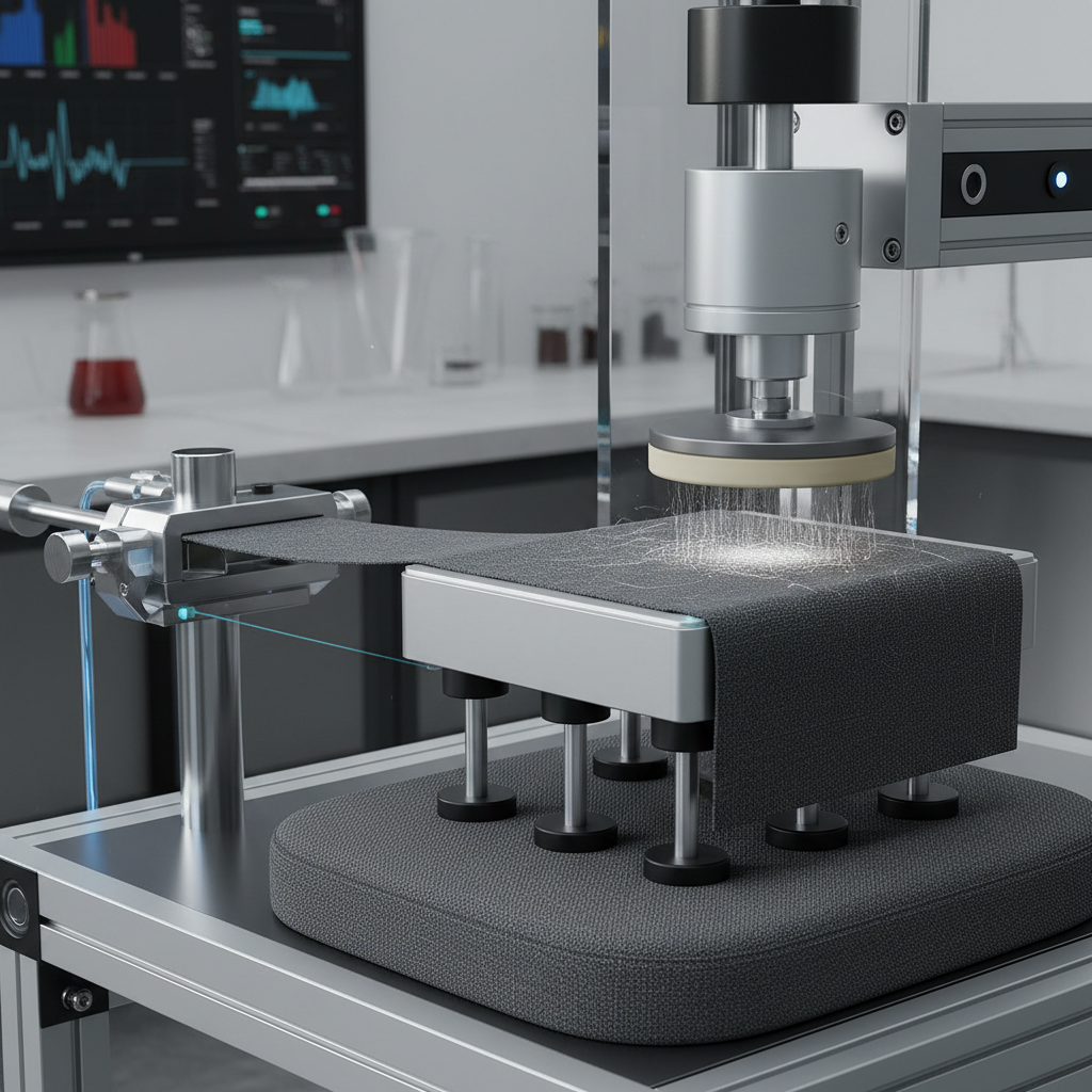 A professional editorial image showing upholstery fabric being tested for durability, with a technical and authoritative look.