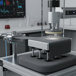 A professional editorial image showing upholstery fabric being tested for durability, with a technical and authoritative look.