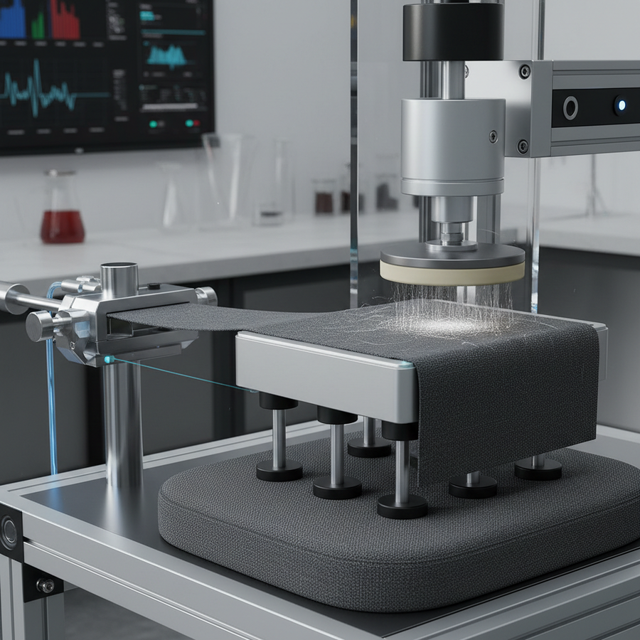 A professional editorial image showing upholstery fabric being tested for durability, with a technical and authoritative look.