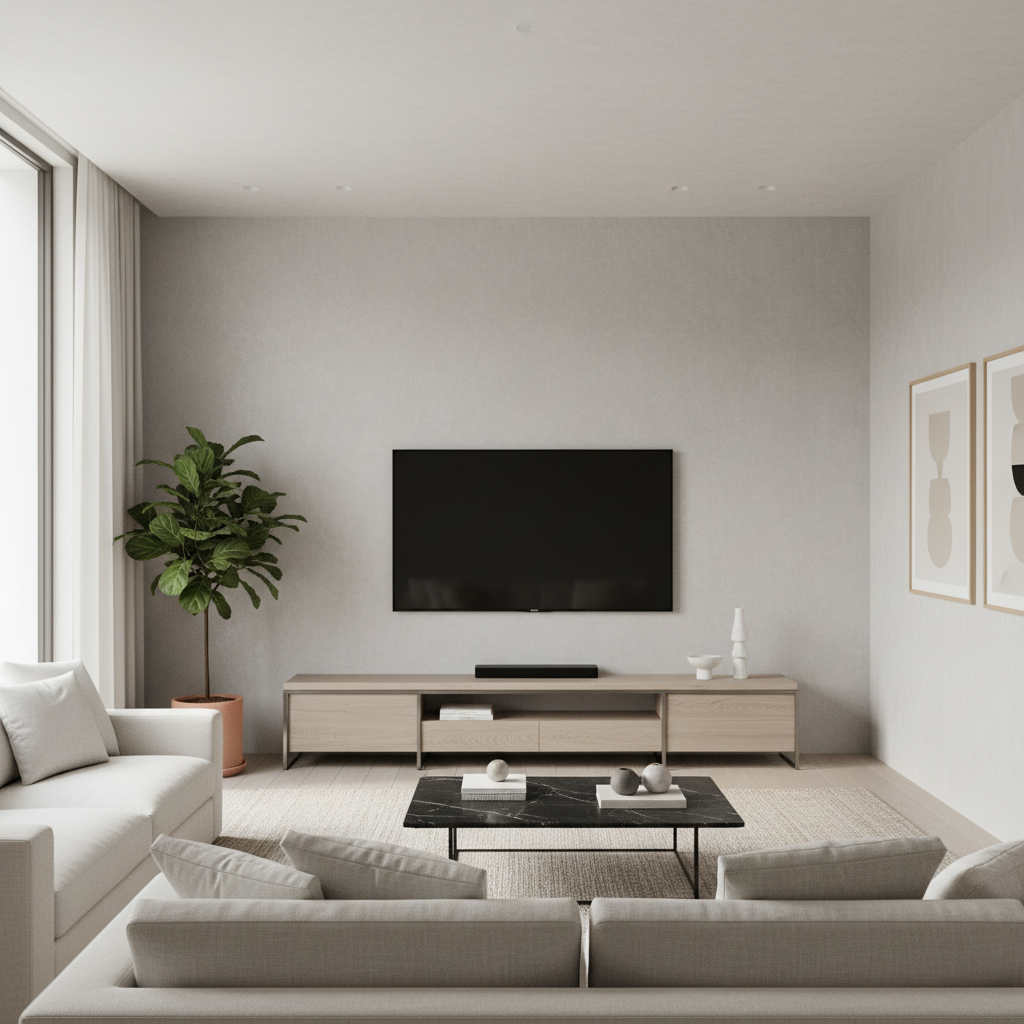 A modern minimalist living room with a stylish TV stand and no visible wires.