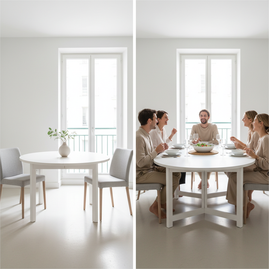 A contemporary extendable dining table in a small apartment dining area, shown compact and expanded for hosting.