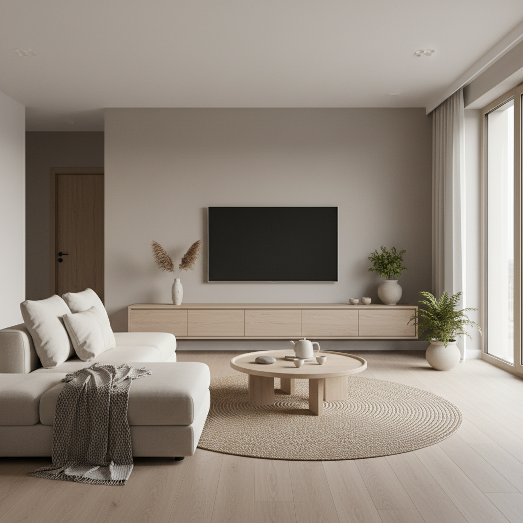 A wide modern living room with a sleek low-profile media console under a wall-mounted TV in a calm Japandi interior.