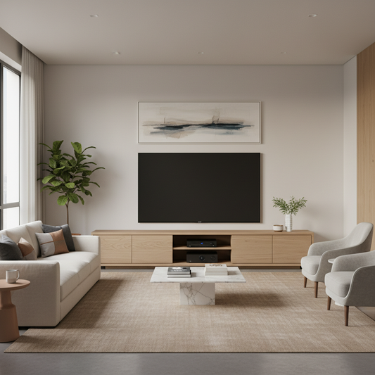 A stylish modern living room with an 85-inch TV placed on a wide wooden media console, showing balanced proportions and a clean, high-end interior design.