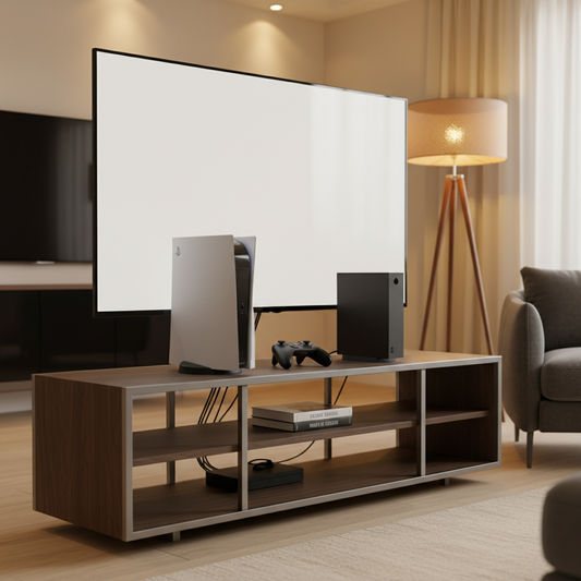 A warm modern living room gaming setup with a large TV on an open-shelf media console, game consoles visible, and neatly routed cables.