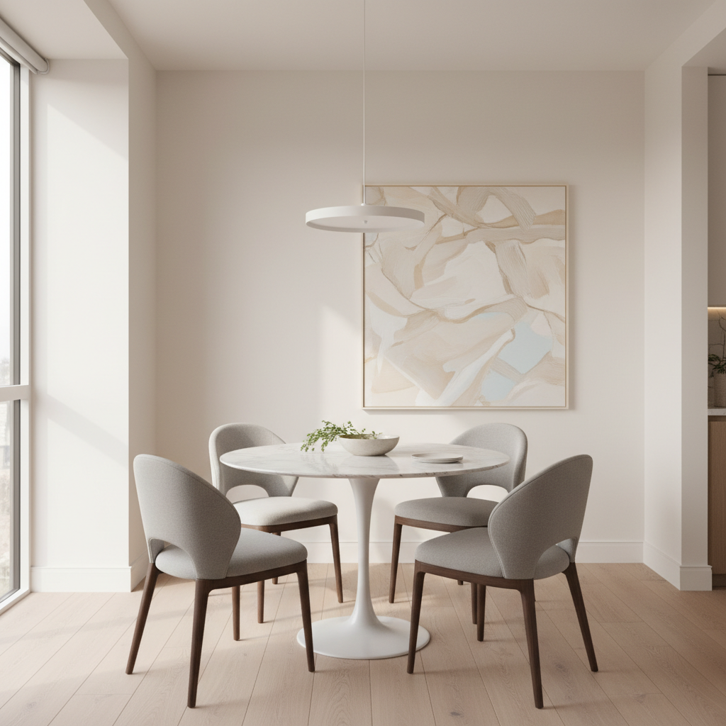 A bright modern apartment dining area with a round pedestal table that makes the room feel open and easy to move through.