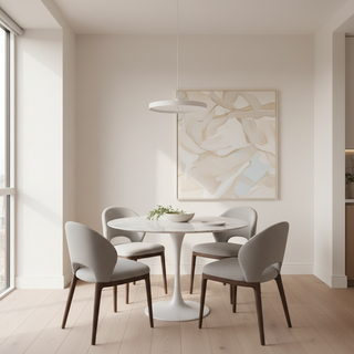 A bright modern apartment dining area with a round pedestal table that makes the room feel open and easy to move through.