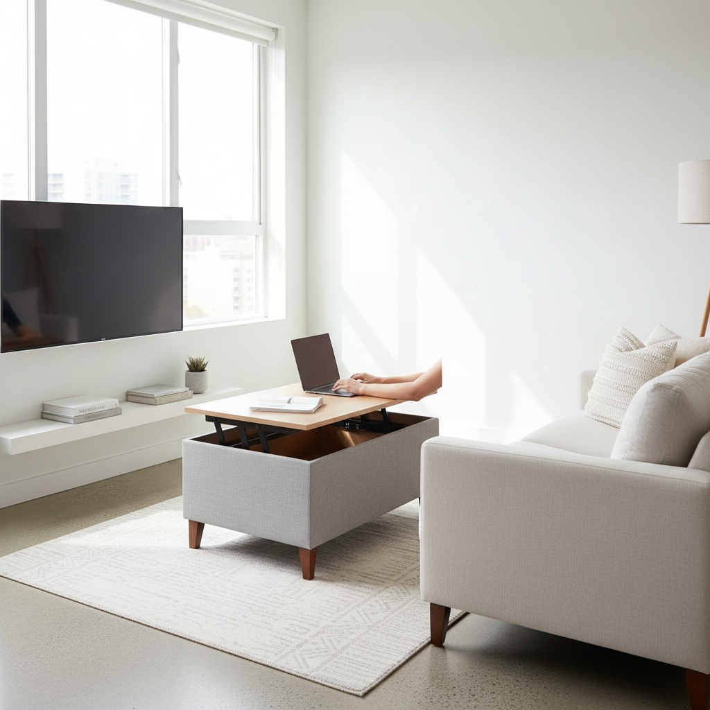 A modern lift-top coffee table in a small minimalist living room, used as a laptop workspace beside a sofa.