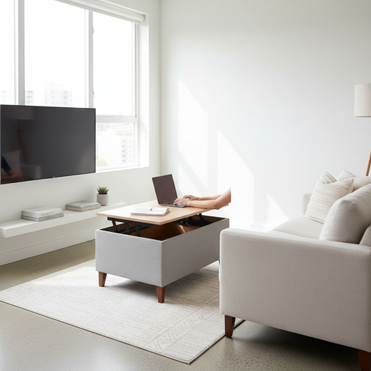A modern lift-top coffee table in a small minimalist living room, used as a laptop workspace beside a sofa.