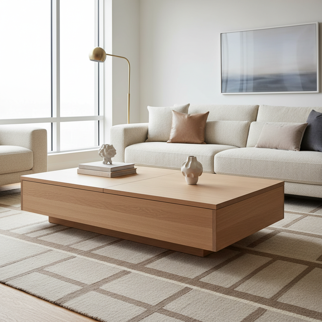 A modern living room featuring a stylish coffee table with hidden storage, arranged in a clean and clutter-free setting.