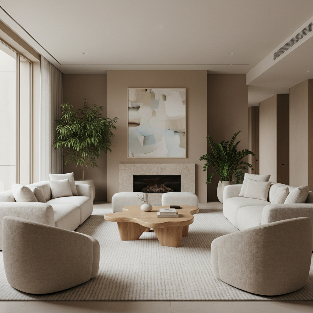 A modern living room with a sculptural organic modern coffee table as the focal point, surrounded by contemporary furniture and soft natural light.