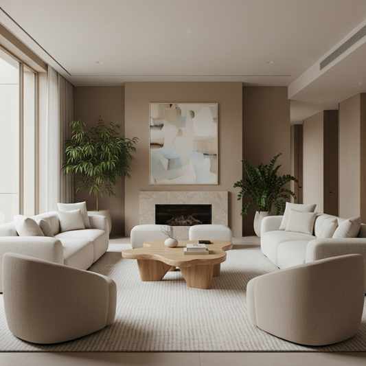 A modern living room with a sculptural organic modern coffee table as the focal point, surrounded by contemporary furniture and soft natural light.