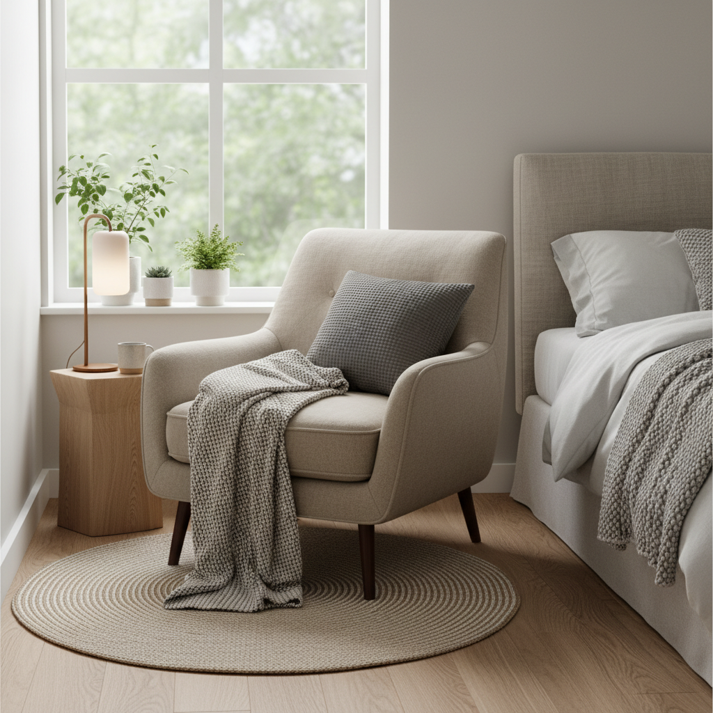 A cozy modern small bedroom with a compact accent recliner in a reading corner by the window, lit with soft natural light in neutral tones.
