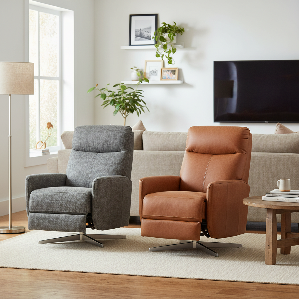 A modern recliner in a warm family living room, showing both performance fabric and leather versions in a comfortable setting.