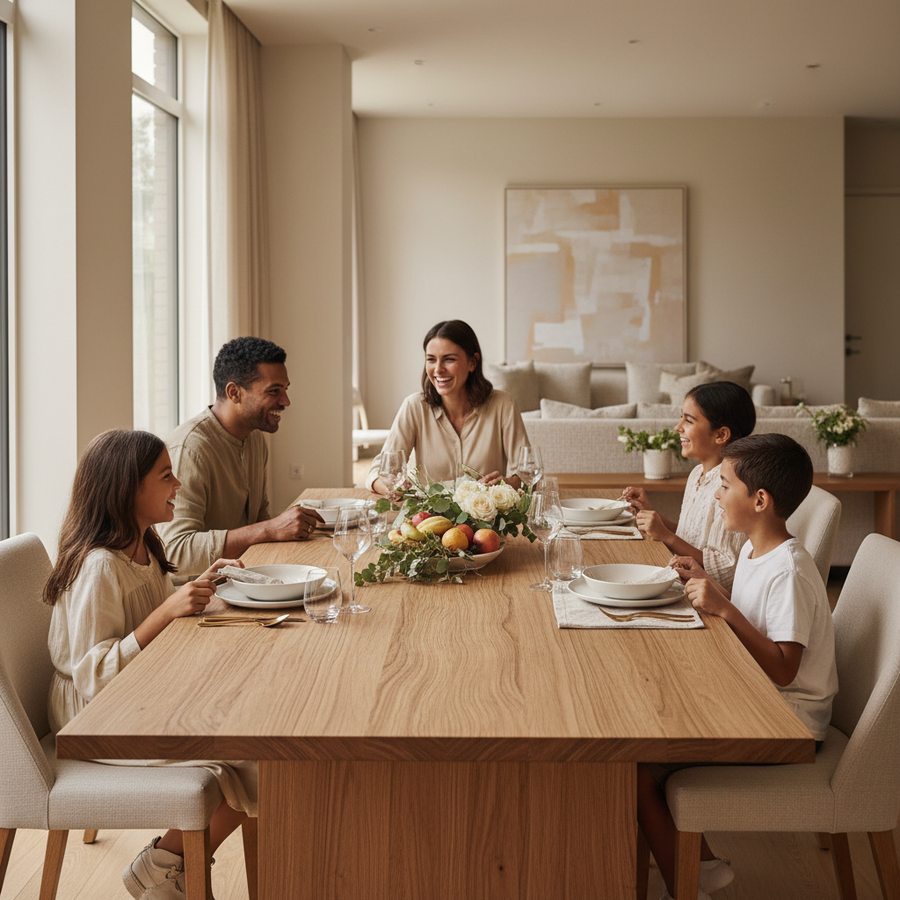 An elegant solid wood dining table in a modern home with a warm family meal scene and natural light.