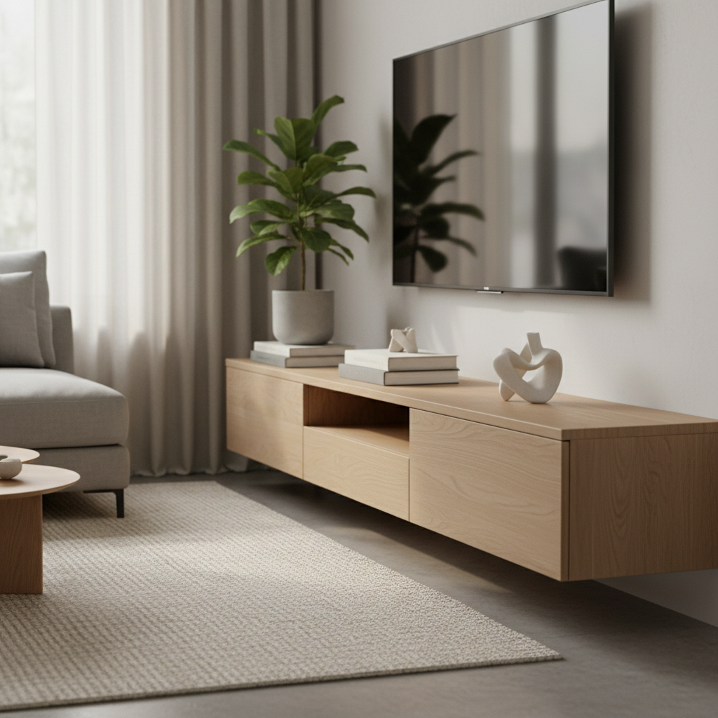 A styled modern TV stand in a bright living room with books, a plant, and a simple art object arranged in a clean, balanced way.