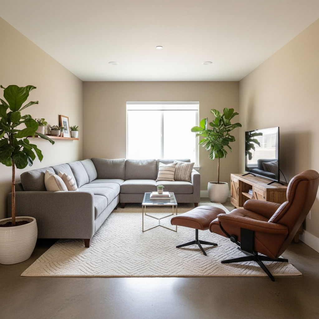Cozy living room with sofa, power recliner, and modern TV stand arranged for optimal viewing and conversation flow