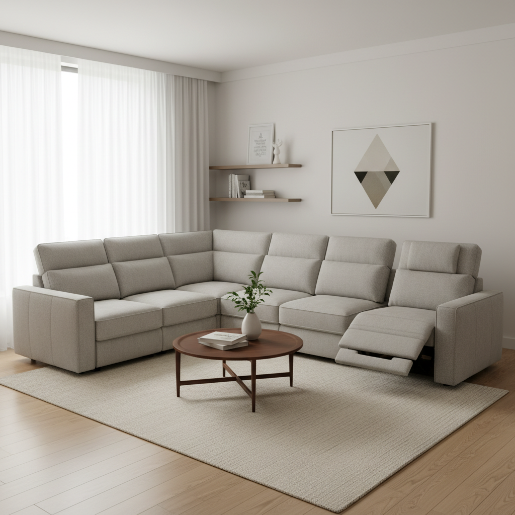 A modular power reclining sectional in a small contemporary living room, shown in a wide view with one seat reclined to highlight flexibility and room fit.