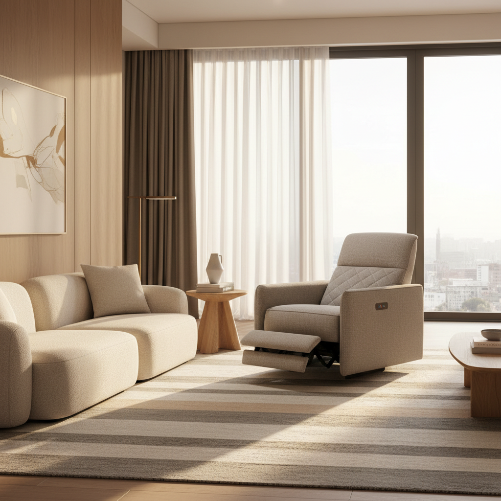 A sleek power recliner integrated into a modern minimalist living room with neutral tones, warm natural light, and contemporary furnishings.