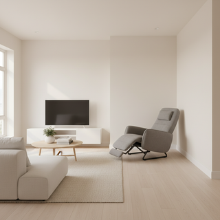 A modern small-apartment living room with a fully reclined wall-hugger recliner placed close to the back wall, leaving clear walking space around it.