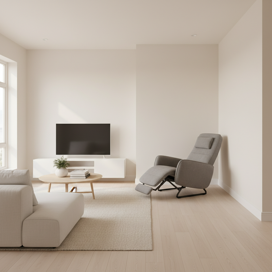 A modern small-apartment living room with a fully reclined wall-hugger recliner placed close to the back wall, leaving clear walking space around it.