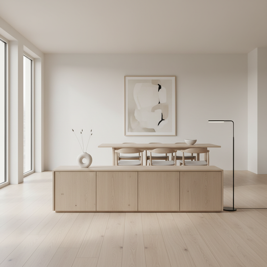 A clean modern sideboard in an open living and dining space, styled to suggest hidden storage and a minimalist, clutter-free home.