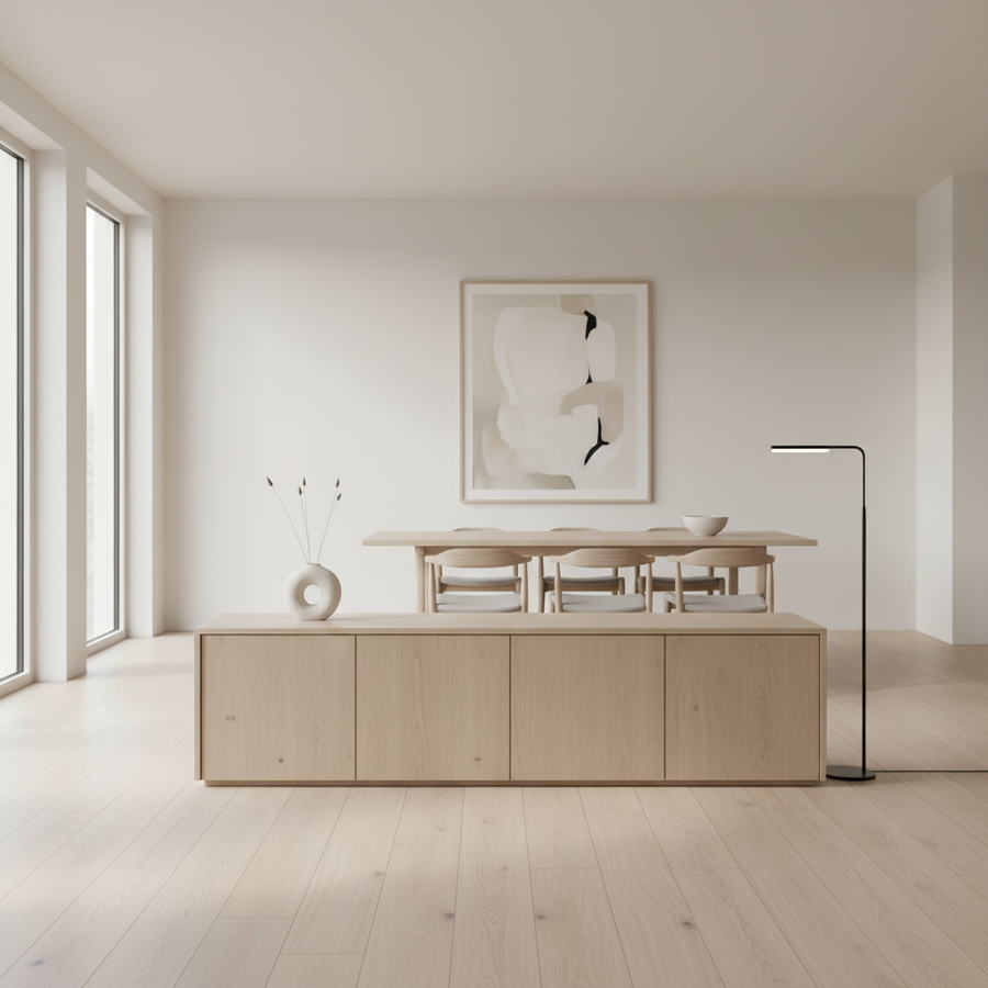 A clean modern sideboard in an open living and dining space, styled to suggest hidden storage and a minimalist, clutter-free home.
