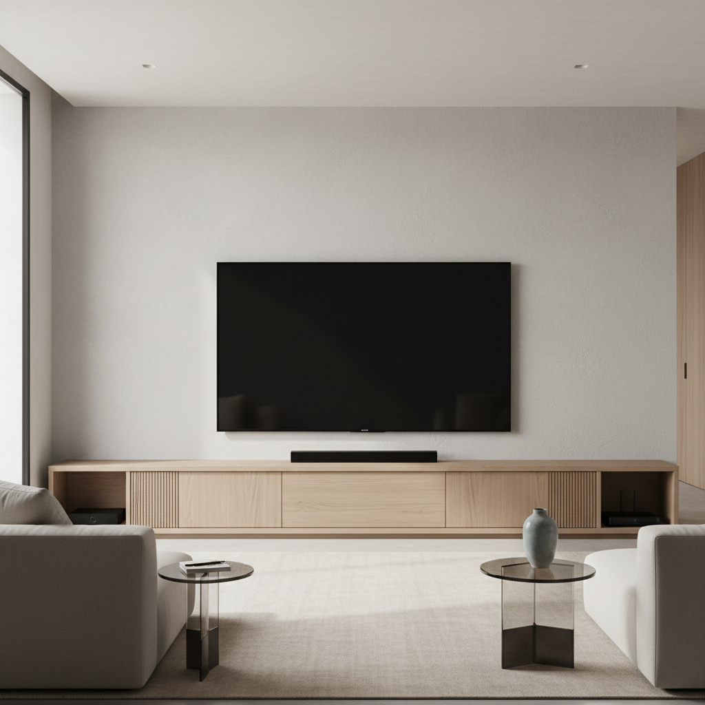 Modern living room with an 85-inch TV on a properly sized media console, showing clean cable management and practical storage.