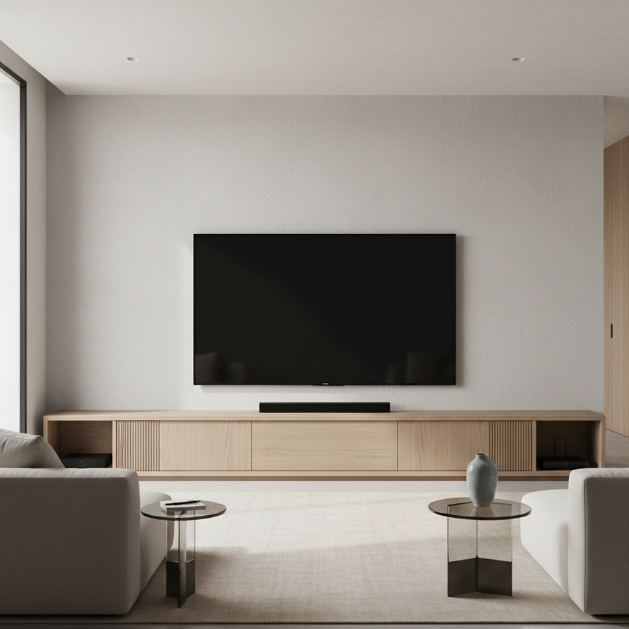 Modern living room with an 85-inch TV on a properly sized media console, showing clean cable management and practical storage.