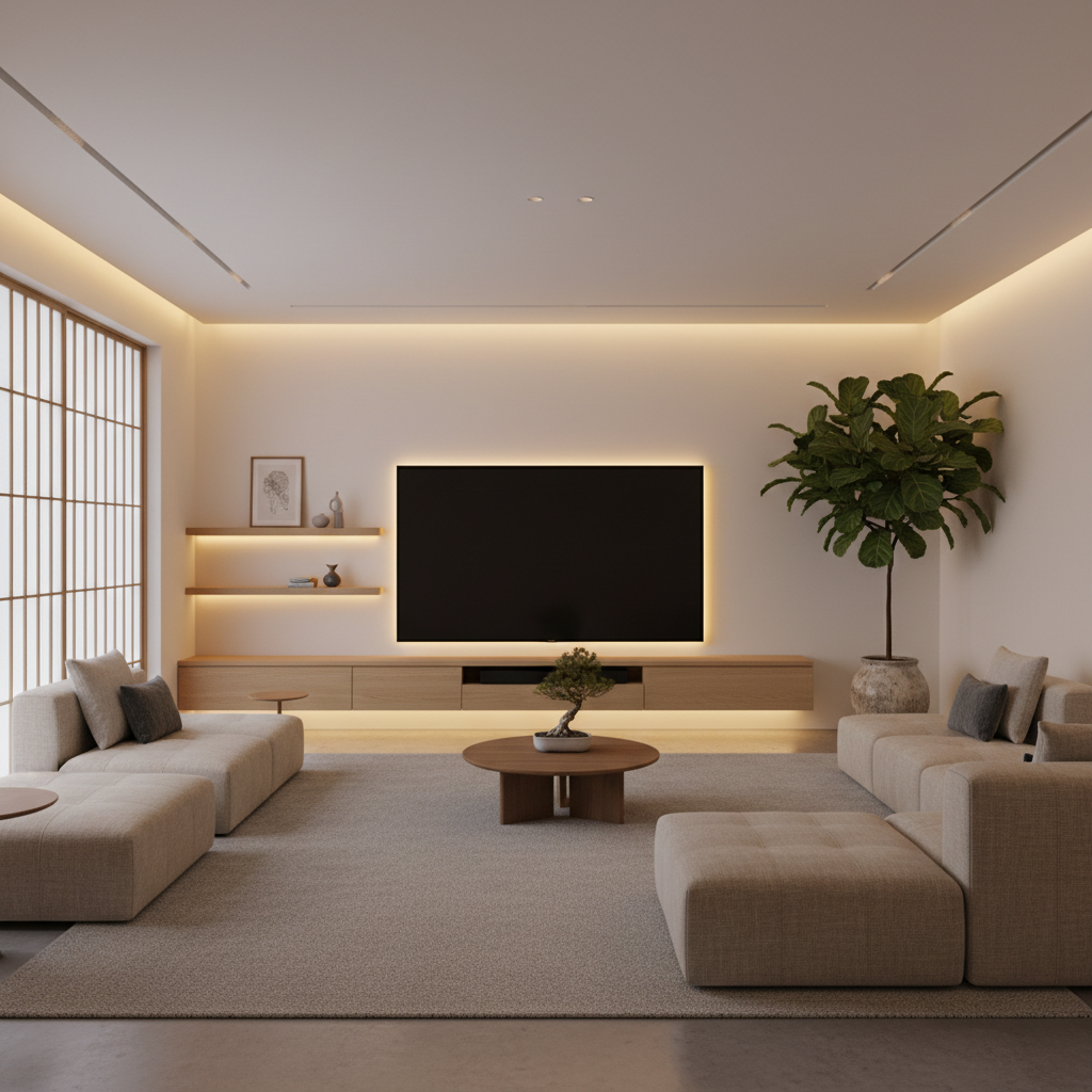 A large 85-inch flat-screen TV on a sleek, low-profile light wood stand in a minimalist Japandi-style living room with warm ambient lighting.