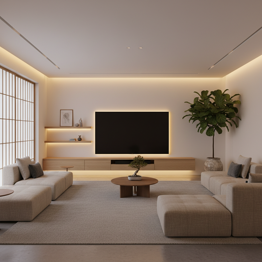 A large 85-inch flat-screen TV on a sleek, low-profile light wood stand in a minimalist Japandi-style living room with warm ambient lighting.
