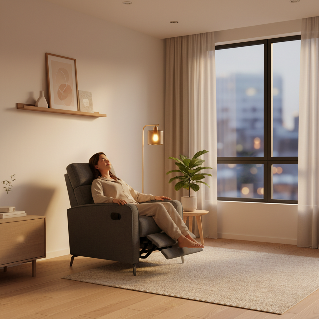 A sleek CHITA Oliver wall-hugger recliner in a modern minimalist small apartment living room, positioned inches from the wall with a person relaxing comfortably.
