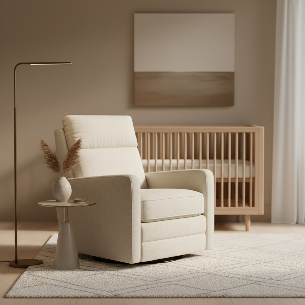 A serene 2026 nursery featuring a modern power swivel glider recliner in neutral tones with soft ambient lighting.
