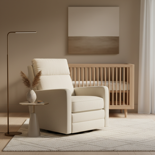 A serene 2026 nursery featuring a modern power swivel glider recliner in neutral tones with soft ambient lighting.
