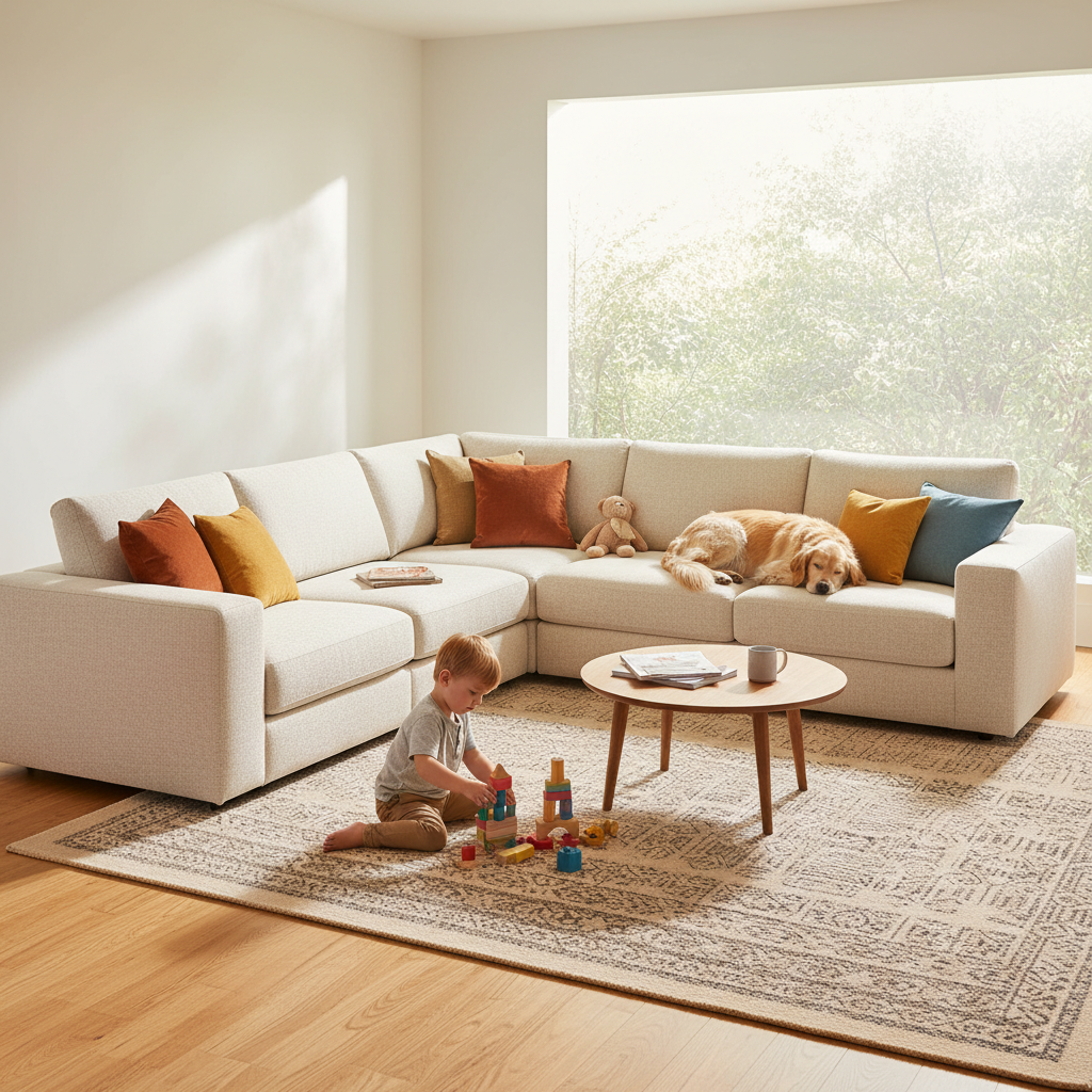 A modern modular sectional sofa in a bright, sunlit living room with children playing and a dog resting on the performance fabric cushions.