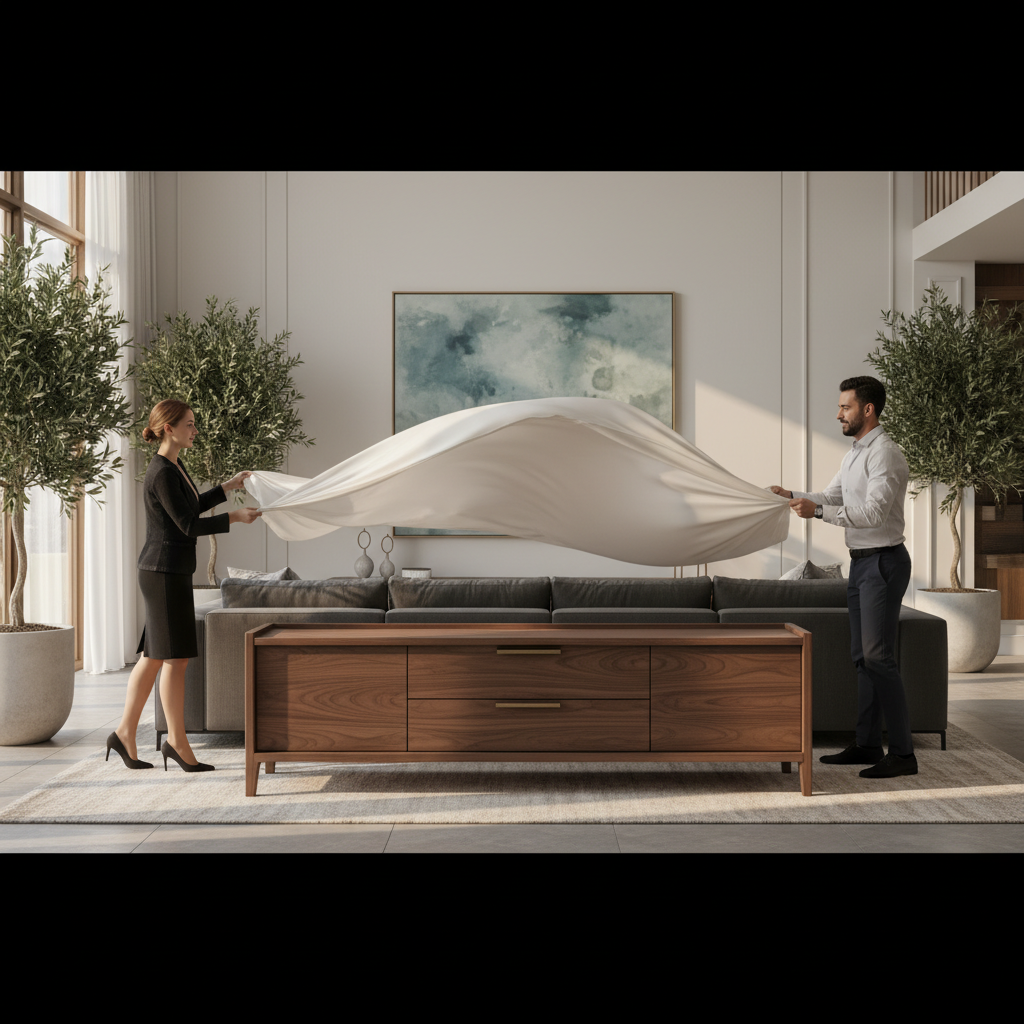 A fully assembled modern luxury TV stand being unboxed in a sophisticated living room with warm lighting.