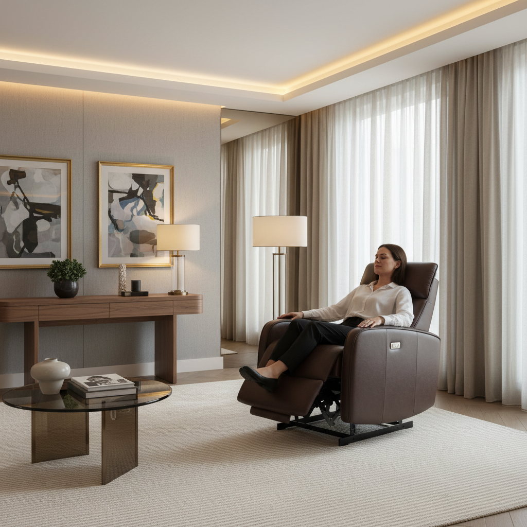 A sophisticated modern living room featuring a premium leather power lift recliner that looks like high-end designer furniture, with a person relaxing in a warm, elegant atmosphere.