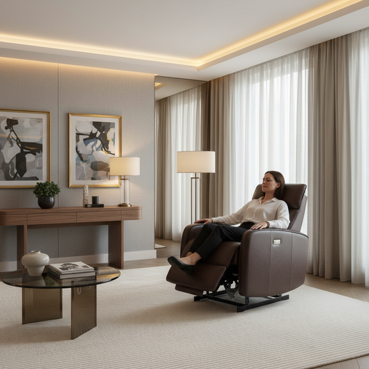 A sophisticated modern living room featuring a premium leather power lift recliner that looks like high-end designer furniture, with a person relaxing in a warm, elegant atmosphere.