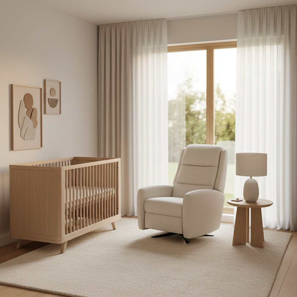 A serene and sophisticated nursery featuring a modern power recliner glider in a tranquil setting with soft sunset lighting.