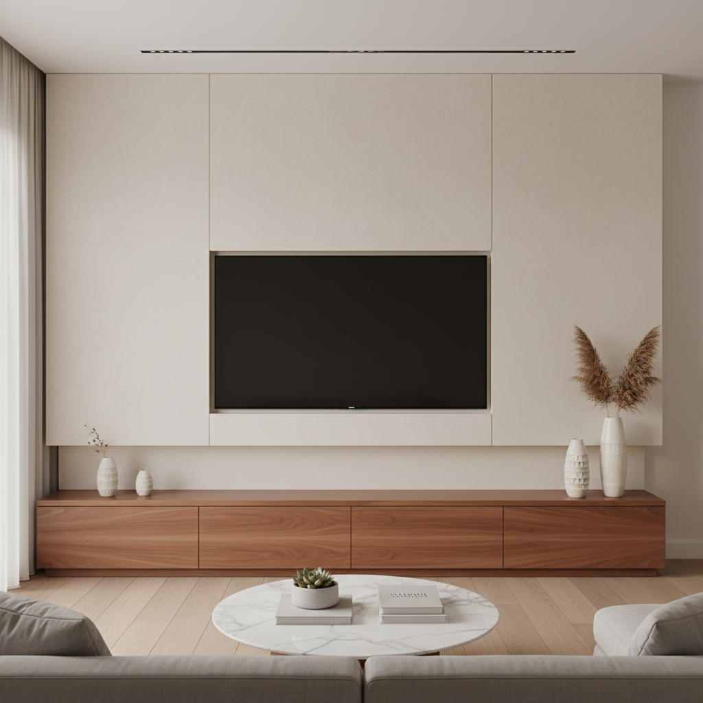 A minimalist modern living room featuring a sleek TV stand with hidden cable management, creating a clutter-free media wall.