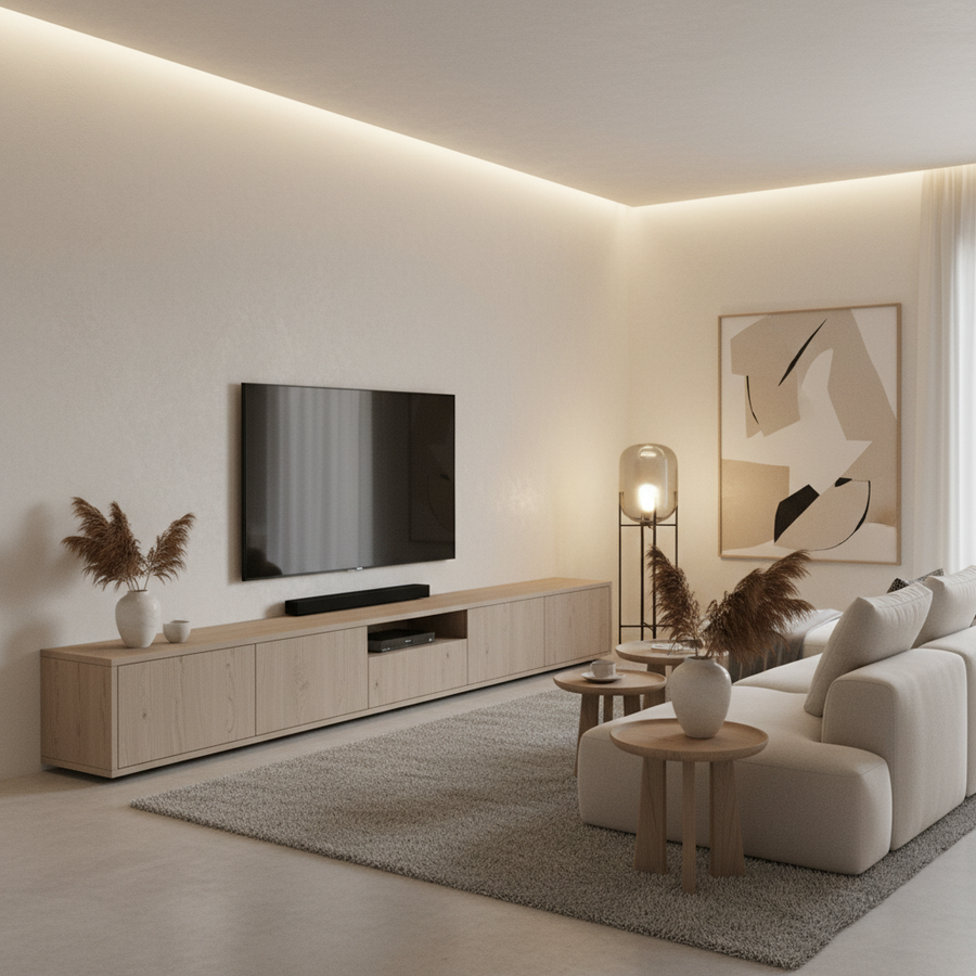 A sleek, fully assembled Samuel media console in a modern Scandinavian living room with a clean, cable-free look.
