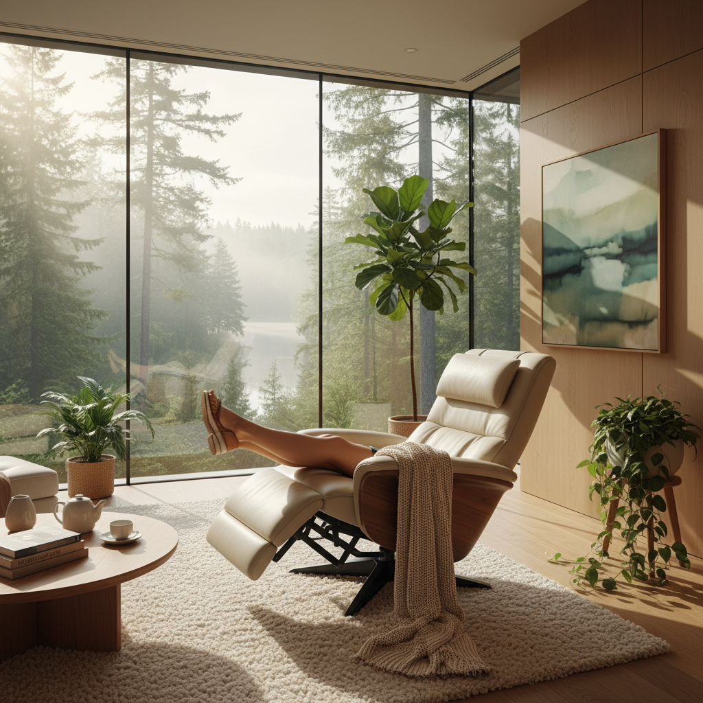 A sleek, modern zero gravity recliner in a bright, minimalist living room with large windows and indoor plants.