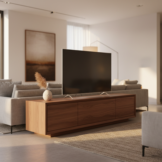 A sleek, fully assembled solid wood TV stand in a modern living room setting with a large television and minimalist decor.